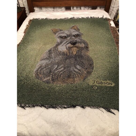 Vintage Judy Gibson Schnauzer Dog Tapestry Throw Blanket Fringe Trim 53” X 44” - Picture 6 of 6